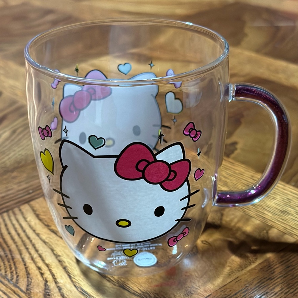 New Hello Kitty Saniro Glass Mug With Pink Glitter Handles!